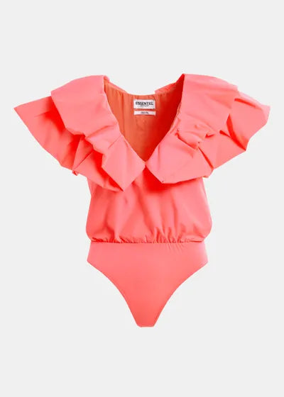 A pink bodysuit with a V-neckline and layered ruffle details, underlining bodysuit design, fully lined.