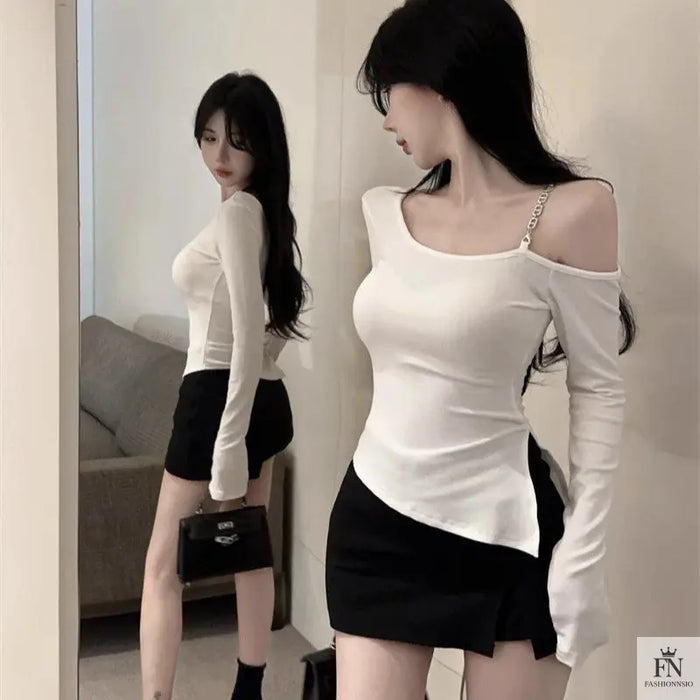 Irregular Diagonal Cold Shoulder Top - Fashionnsio