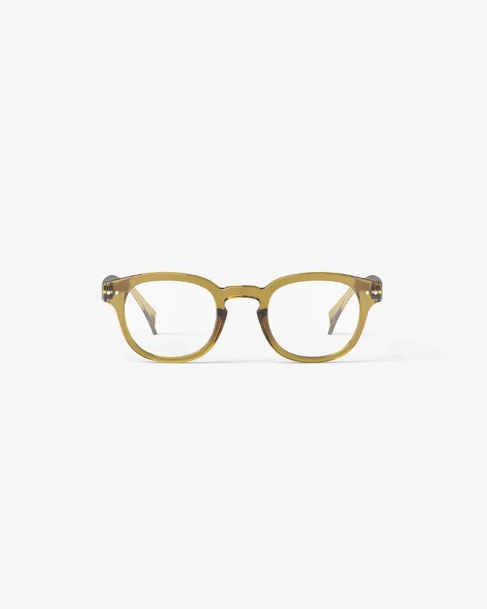 Izipizi Readers Style C in Golden Green, square shape, lightweight, flexible arms, and comfortable reading glasses.