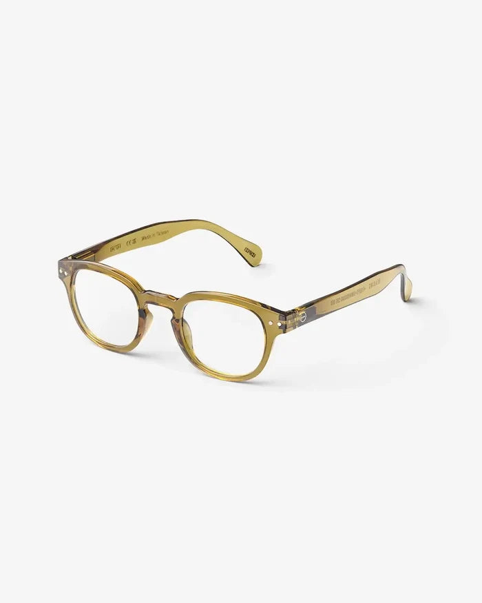 Izipizi Readers Style C in Golden Green, stylish square reading glasses with flexible arms and rubber texture.