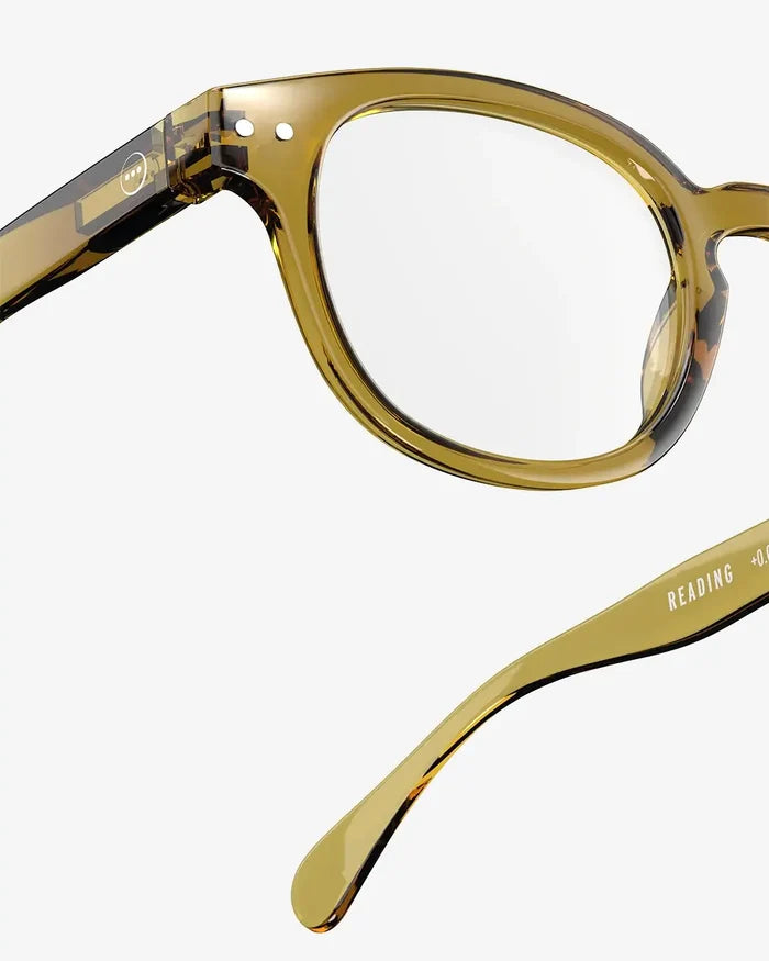 Izipizi Readers Style C in Golden Green, stylish square shape with flexible arms and spring hinges.