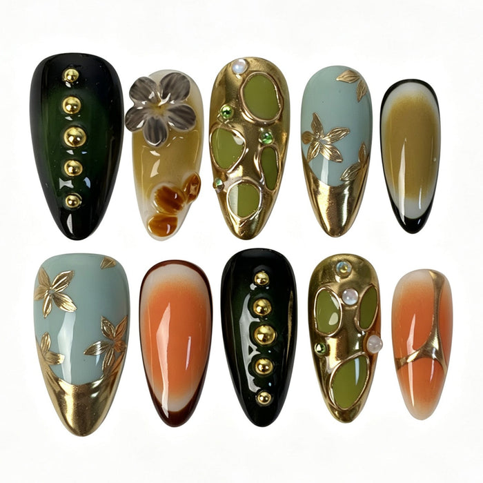 Handmade almond press on nails, emerald mint amber gradient gold foil 3D flower rhinestone vintage false nails for women