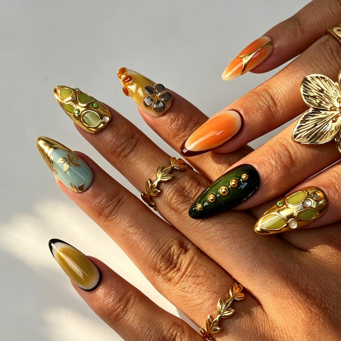 Jade Amber handmade almond press on nails, dreamy green amber gold foil flower nail art on hand