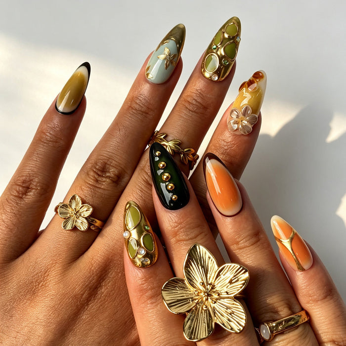 Vintage almond false nails, emerald mint base, amber gradient, gold foil accents and 3D floral details