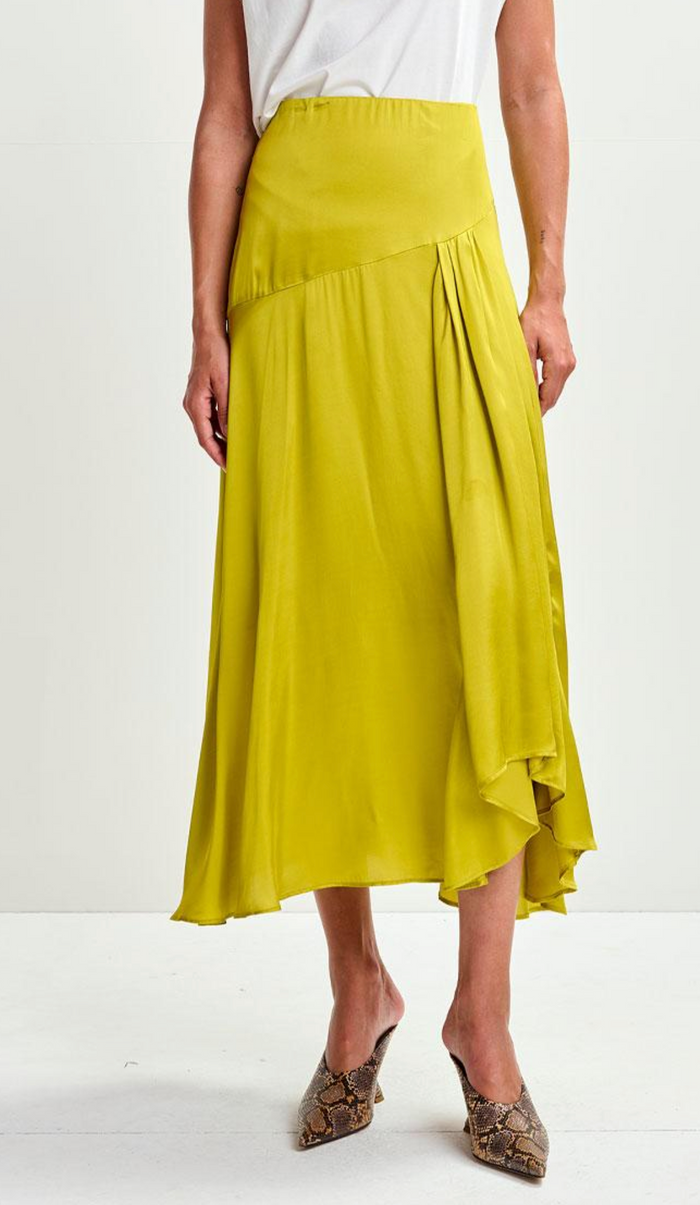 Person wearing a yellow skirt on a white background