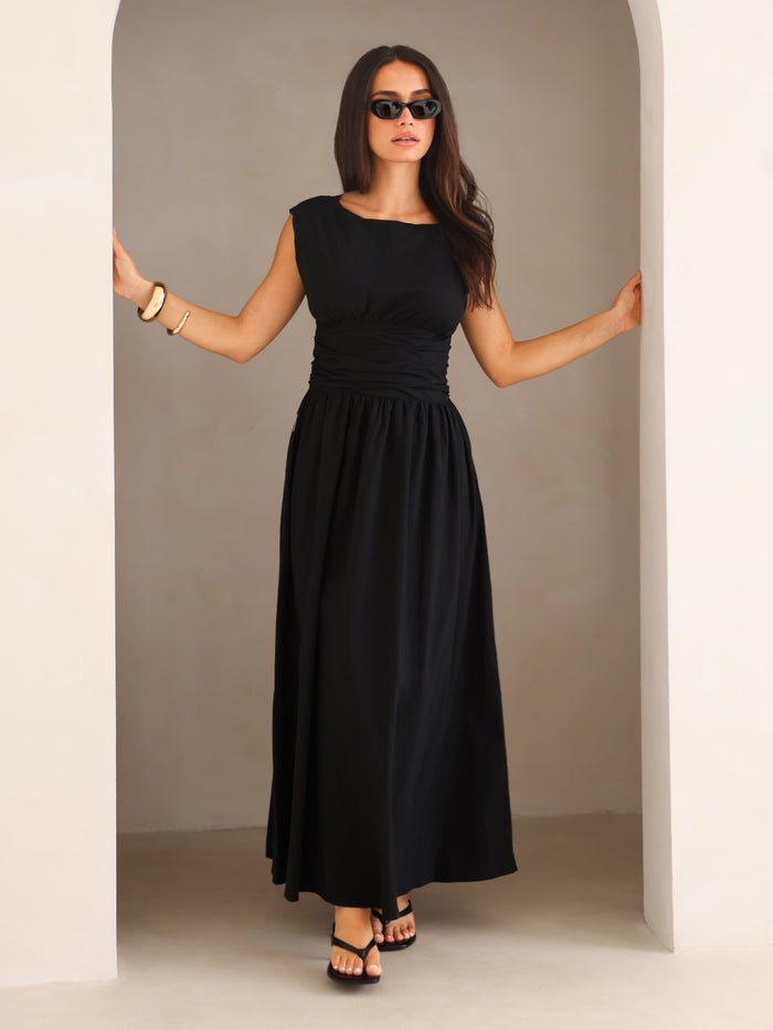 Kaia Poplin Maxi Dress - Black