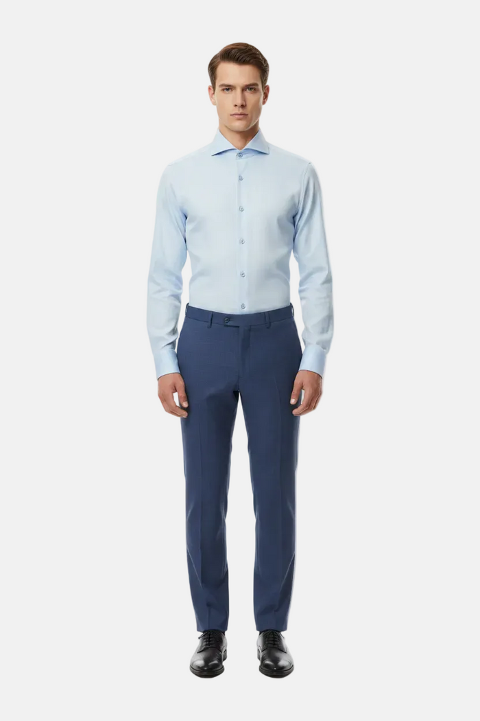 Full body front - light blue shirt first button open