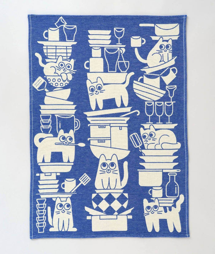 Humorous Kitchen Cats Cotton Tea Towel featuring playful cat designs, perfect for kitchen tasks, made of 100% woven cotton.