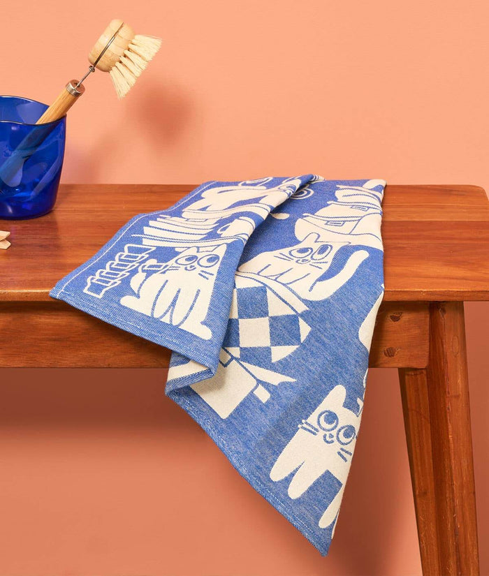 Kitchen Cats Cotton Tea Towel featuring playful cat designs, perfect for adding humor to your kitchen decor.