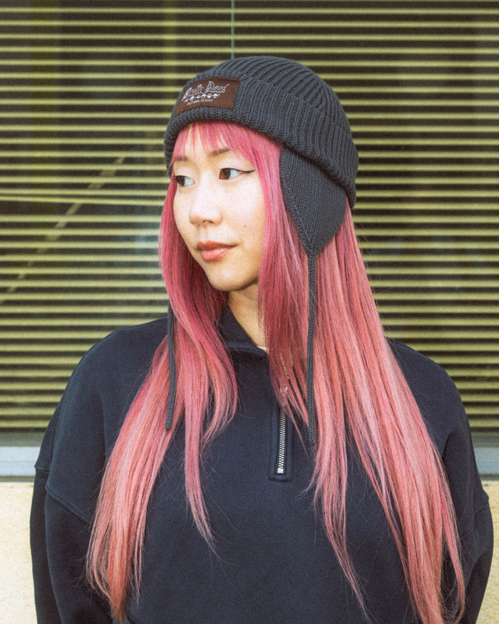Knitted Ear Flap Beanie - Black