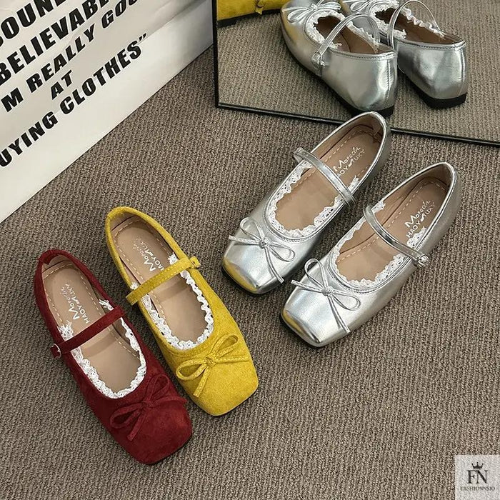 Lace Bow Ballet Flats - Fashionnsio