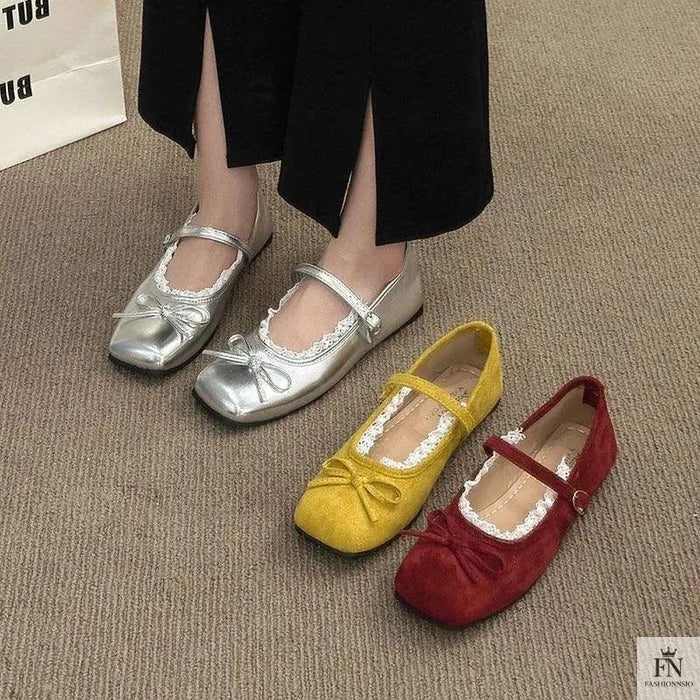 Lace Bow Ballet Flats - Fashionnsio