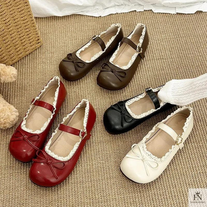 Lace Bow Mary Jane Flats - Fashionnsio
