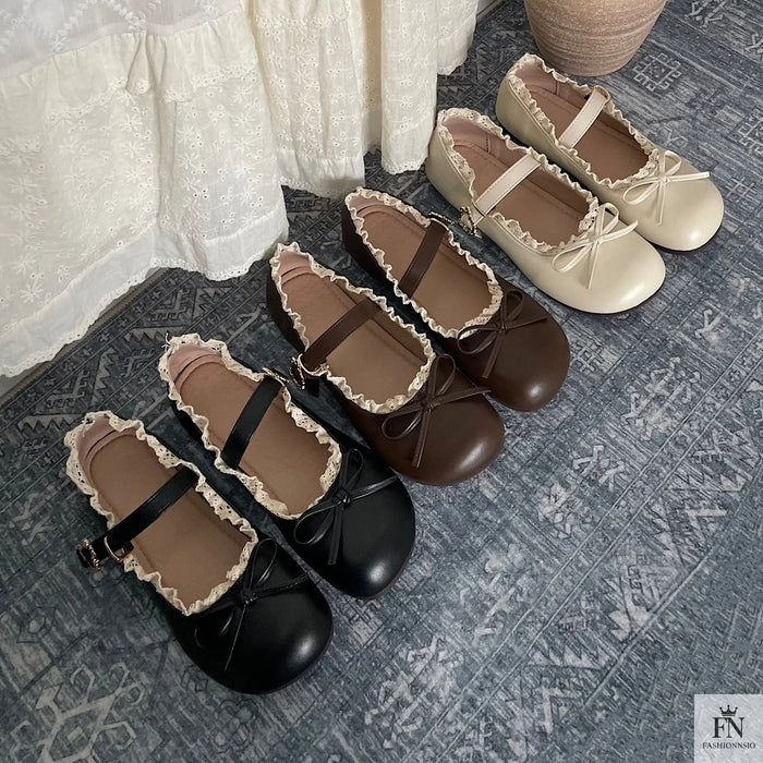 Lace Bow Mary Jane Flats - Fashionnsio