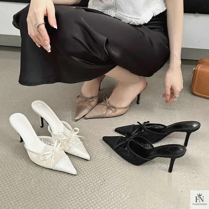 Lace Bowknot Pointed Heels - Fashionnsio