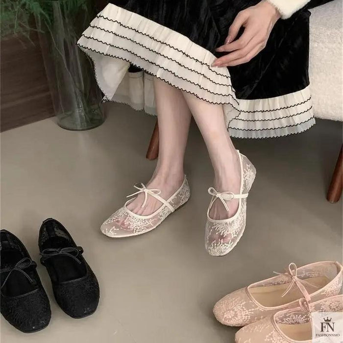Lace Mesh Ballet Flats - Fashionnsio