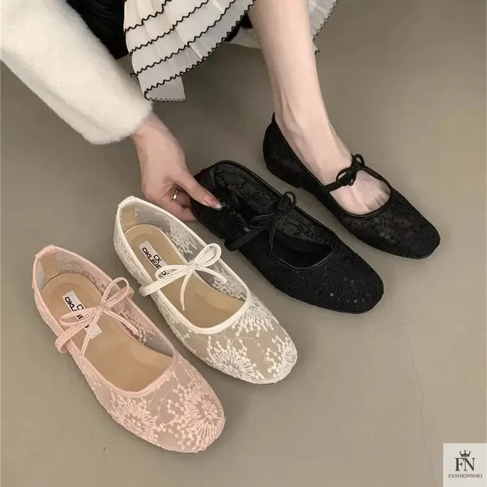 Lace Mesh Ballet Flats - Fashionnsio
