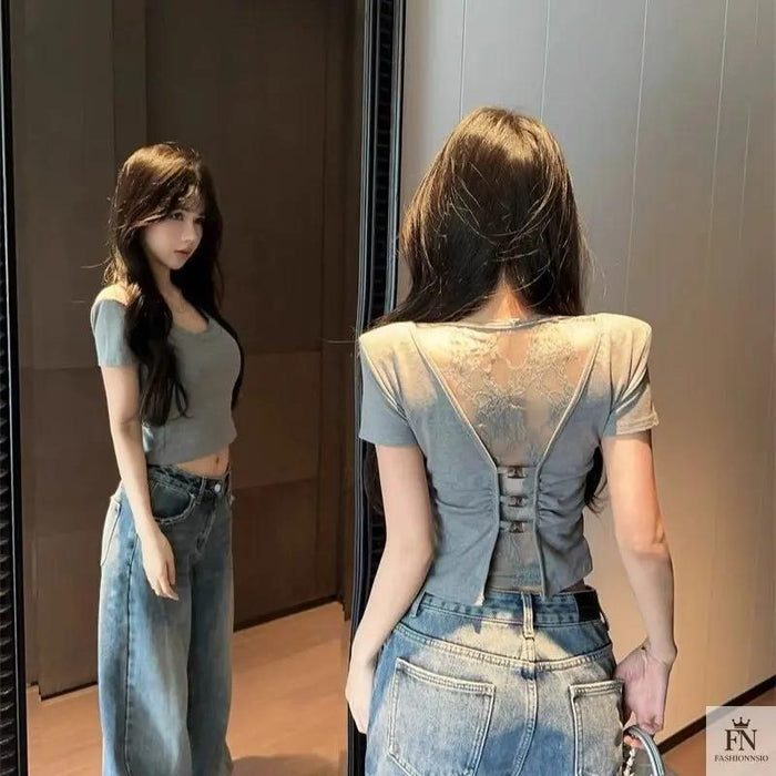Lace Mesh Crop Tops - Fashionnsio