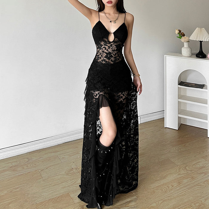Lace Slit Long Black Dress - Fashionnsio