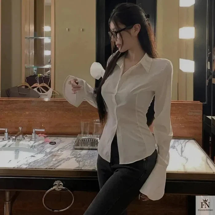 Lantern Sleeve Lace Up Fitted Shirt - Fashionnsio