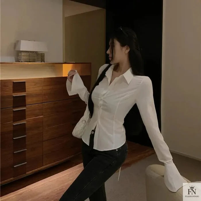 Lantern Sleeve Lace Up Fitted Shirt - Fashionnsio