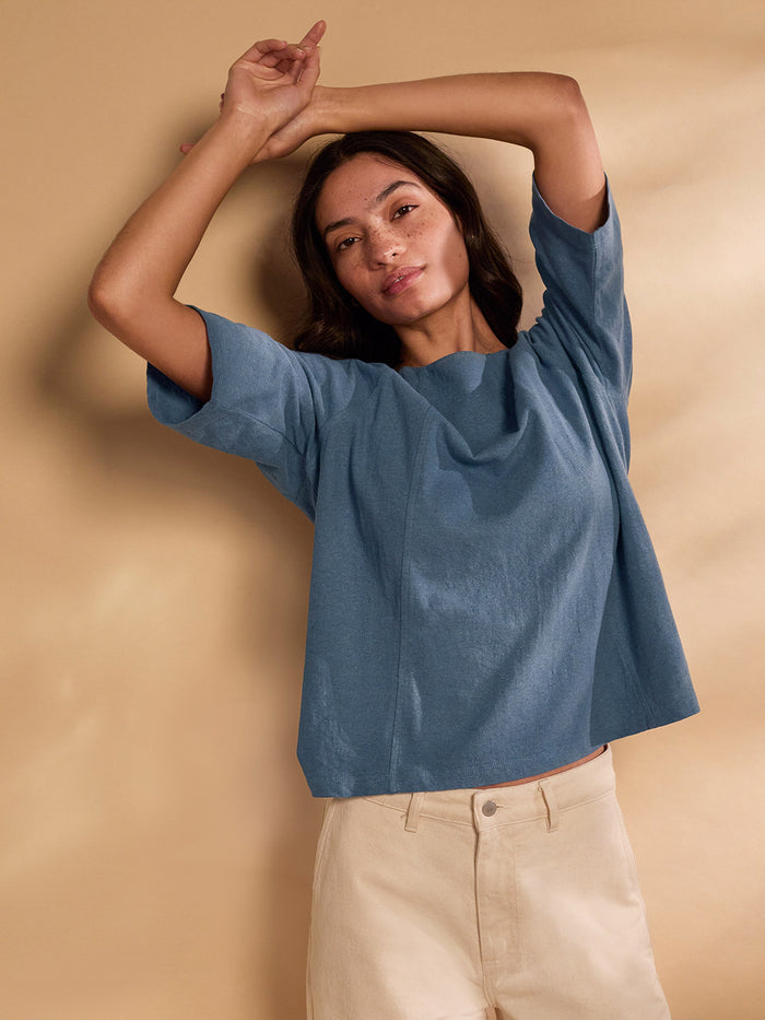 Linen Blend Half Sleeve Swing Top