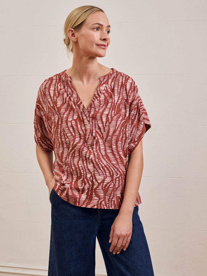 Linen Blend Printed Drop Shoulder Top