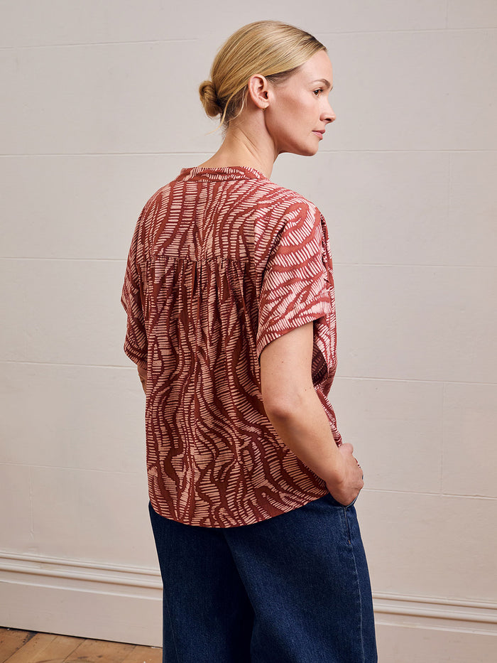Linen Blend Printed Drop Shoulder Top