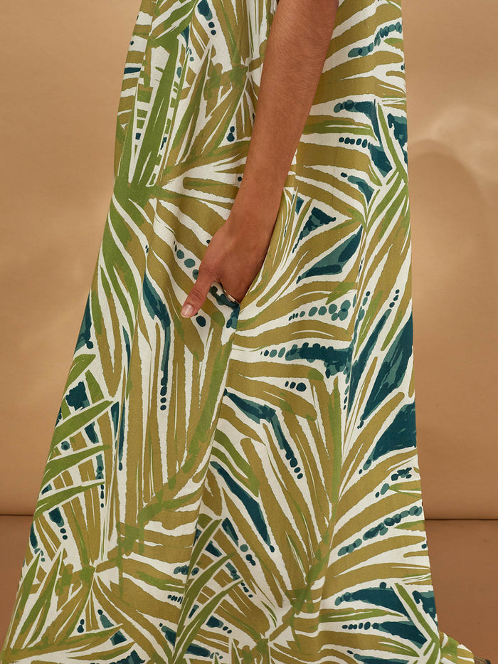 Linen Blend Sleeveless V Neck Maxi Swing Dress