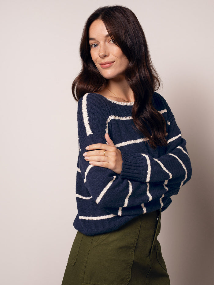 Linen Blend Stripe Boat Neck Jumper