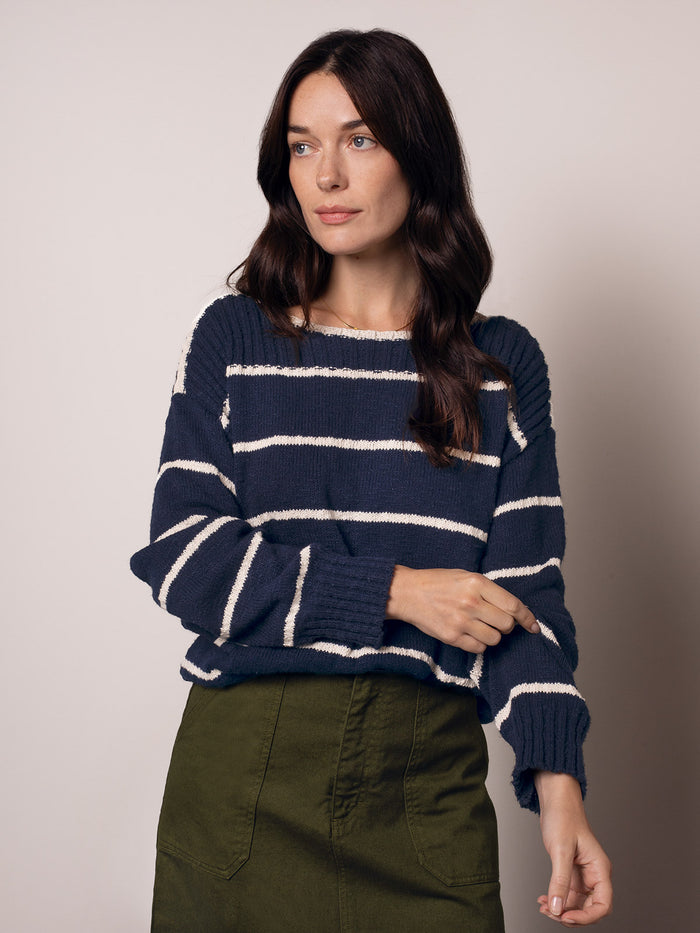 Linen Blend Stripe Boat Neck Jumper