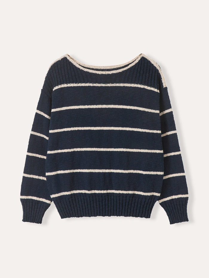 Linen Blend Stripe Boat Neck Jumper