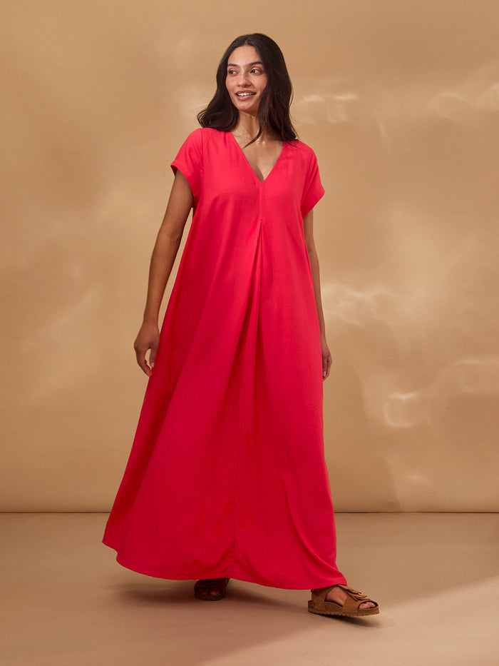 Linen Blend V Neck Maxi Swing Dress