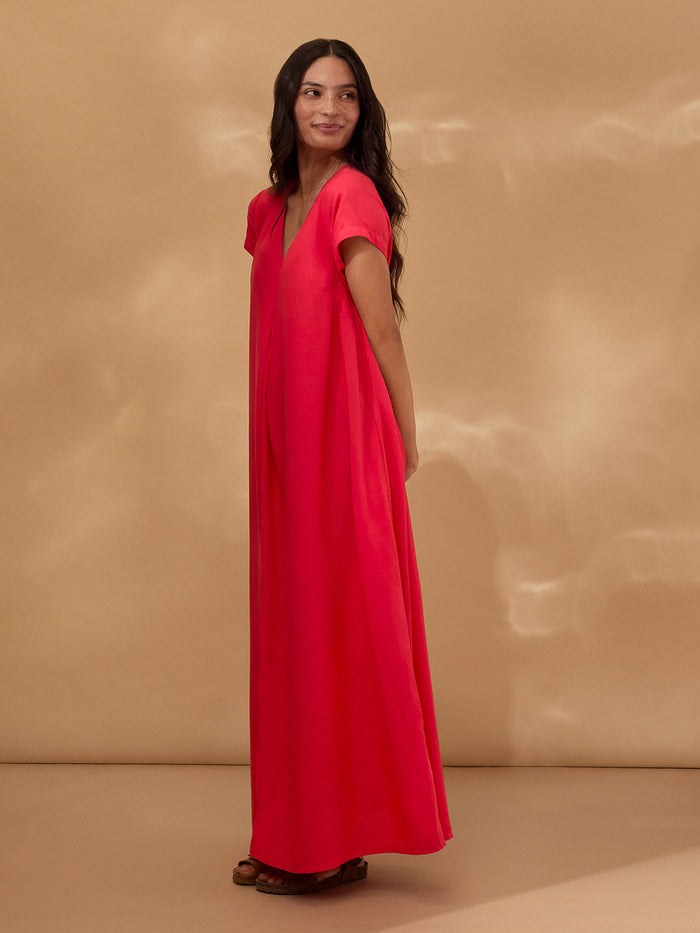 Linen Blend V Neck Maxi Swing Dress