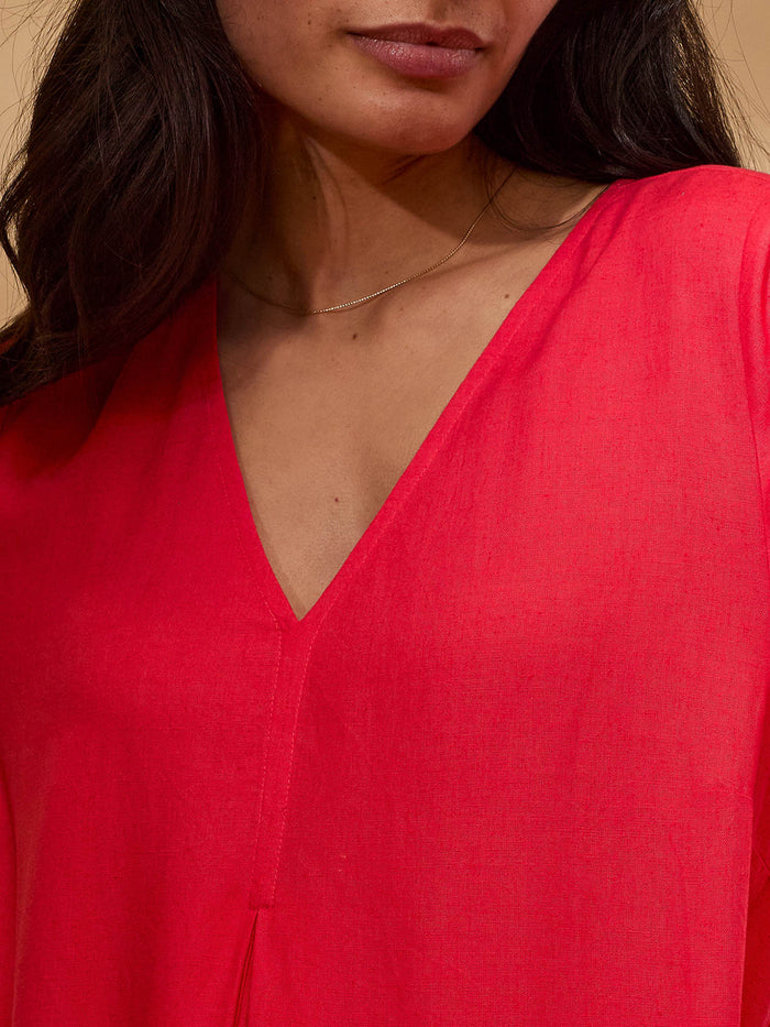 Linen Blend V Neck Maxi Swing Dress