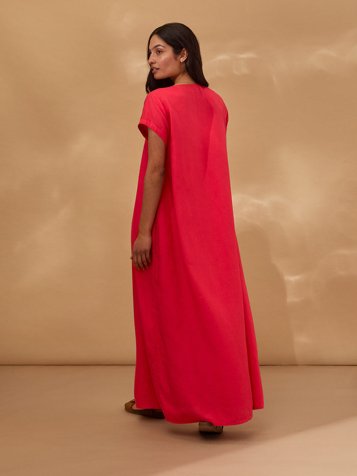 Linen Blend V Neck Maxi Swing Dress