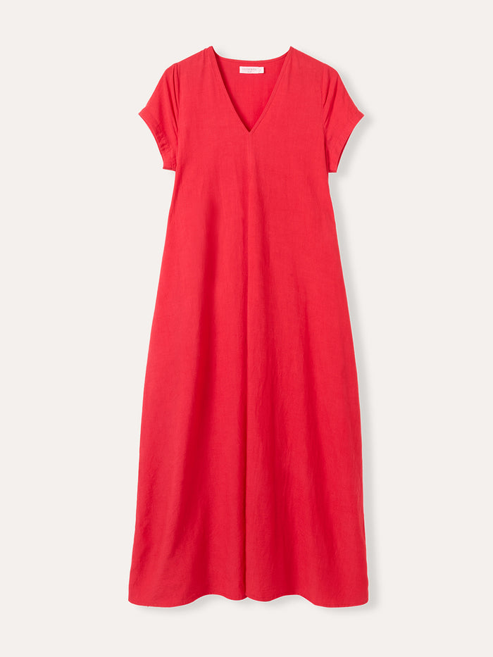 Linen Blend V Neck Maxi Swing Dress