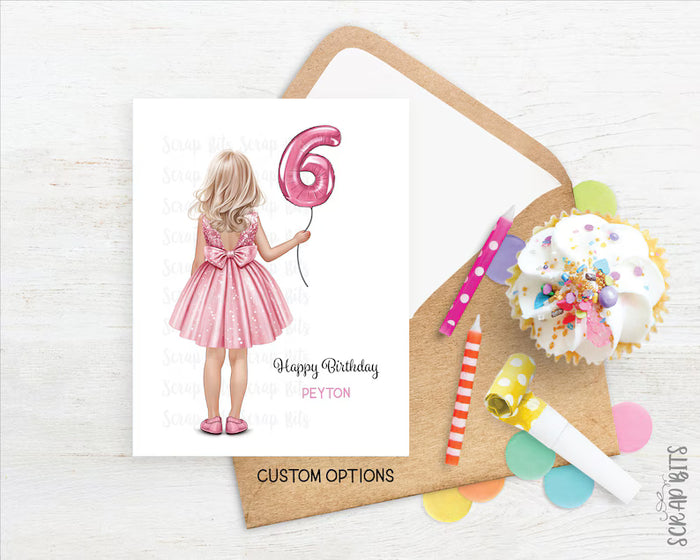 Little Girl Birthday Card, ANY Age Foil Number Balloons, Custom Girl Birthday Portrait Card