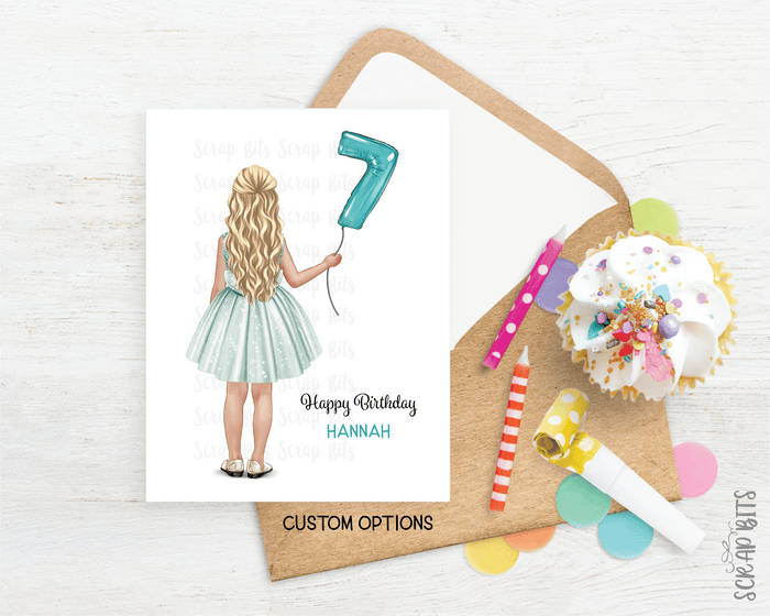 Little Girl Birthday Card, ANY Age Foil Number Balloons, Custom Girl Birthday Portrait Card - Scrap Bits