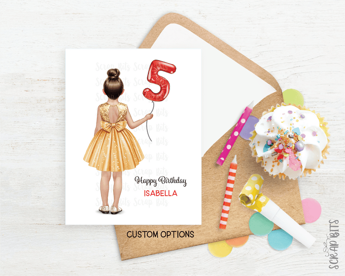 Little Girl Birthday Card, ANY Age Foil Number Balloons, Custom Girl Birthday Portrait Card - Scrap Bits