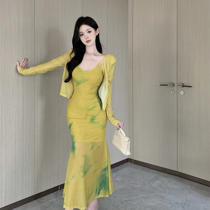 Long Bodycon Dress With Cardigan - Fashionnsio