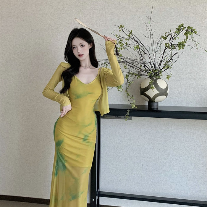 Long Bodycon Dress With Cardigan - Fashionnsio