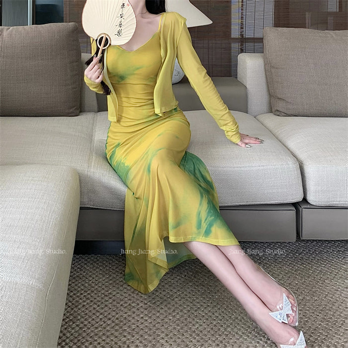 Long Bodycon Dress With Cardigan - Fashionnsio