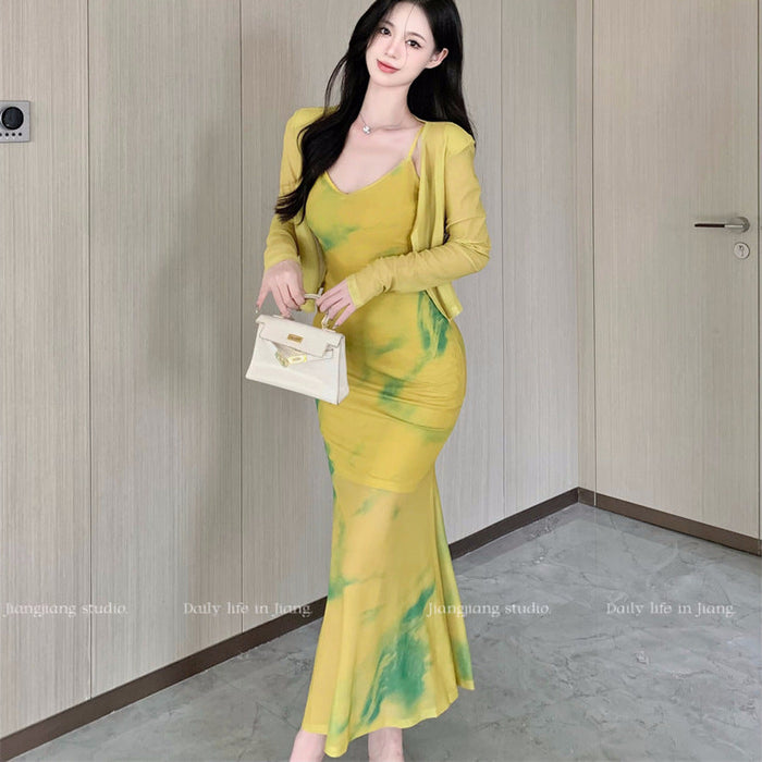 Long Bodycon Dress With Cardigan - Fashionnsio