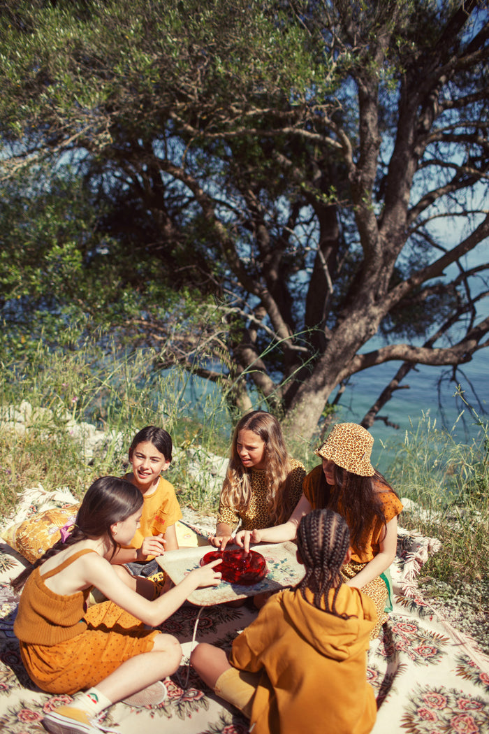 long skirt | camel w/ black hearts allover