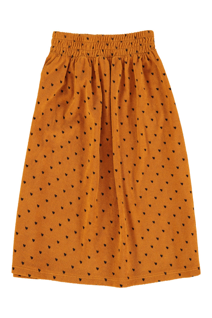 long skirt | camel w/ black hearts allover