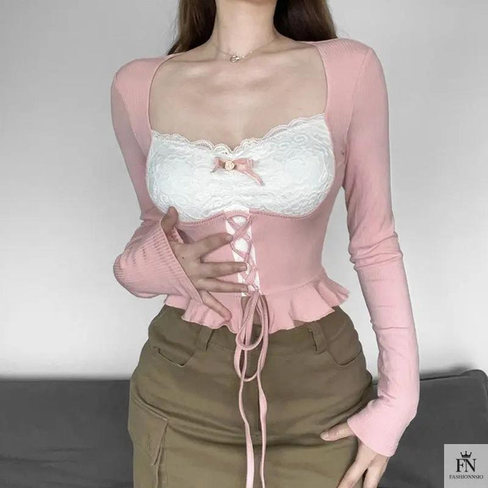 Long Sleeve Patchwork Y2k Top - Fashionnsio