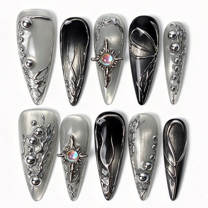 Lunar Shard handmade long stiletto press on nails, silver black liquid chrome raised vein star opal charm cyber gothic false nails