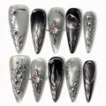 Lunar Shard handmade long stiletto press on nails, silver black liquid chrome raised vein star opal charm cyber gothic false nails