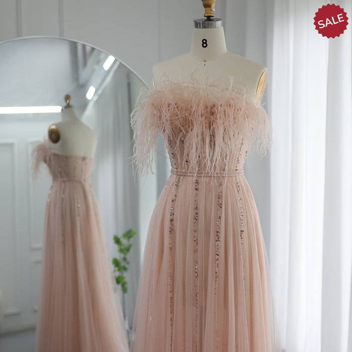 Dreamy Vow Luxury Dubai Black Feathers Evening Dresses for Women Wedding Party Elegant Long Pink Arabic Formal Prom Dress SS401-DreamyVow